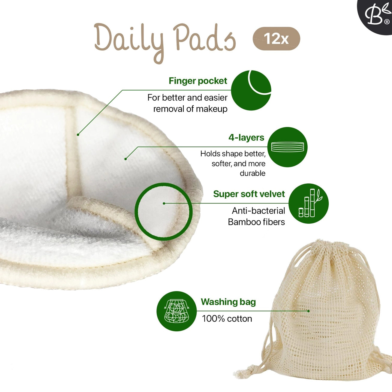 16x Reusable Cotton Pads (4‑Layer) + Bamboo Holder – Premium Washable Makeup Removal Set