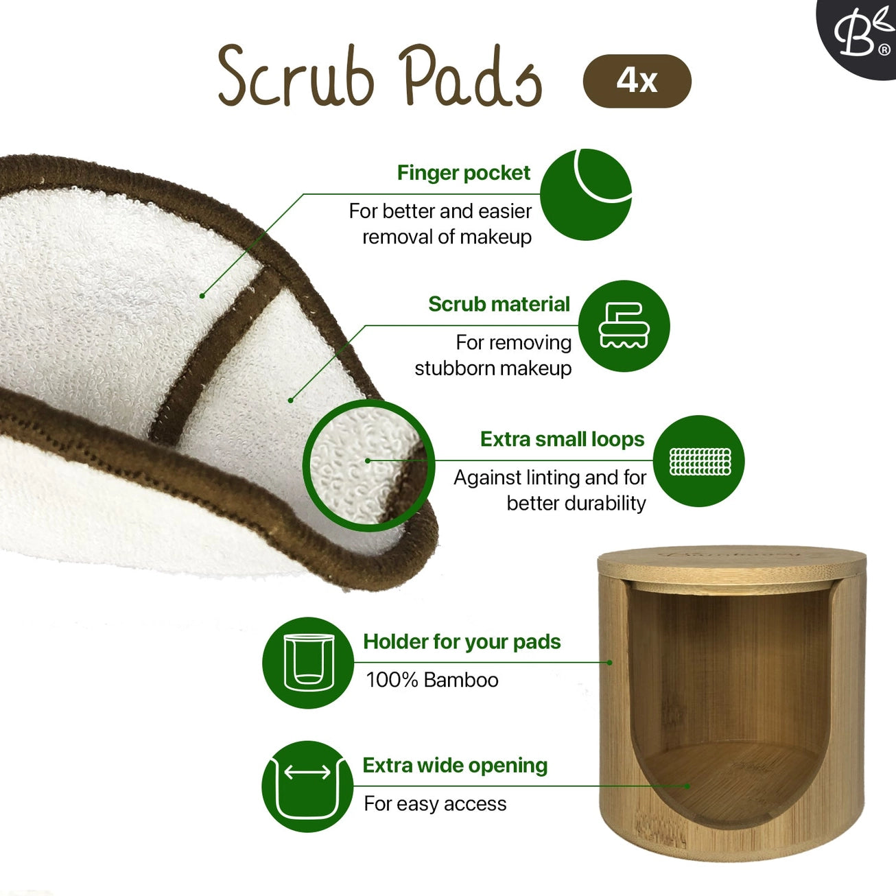 16x Reusable Cotton Pads (4‑Layer) + Bamboo Holder – Premium Washable Makeup Removal Set