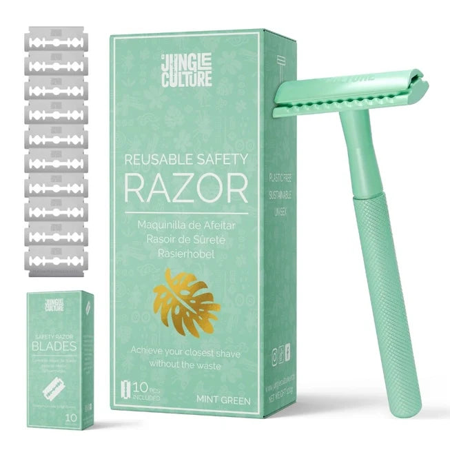 Mint Green Reusable Metal Safety Razor – Includes 10 Blades