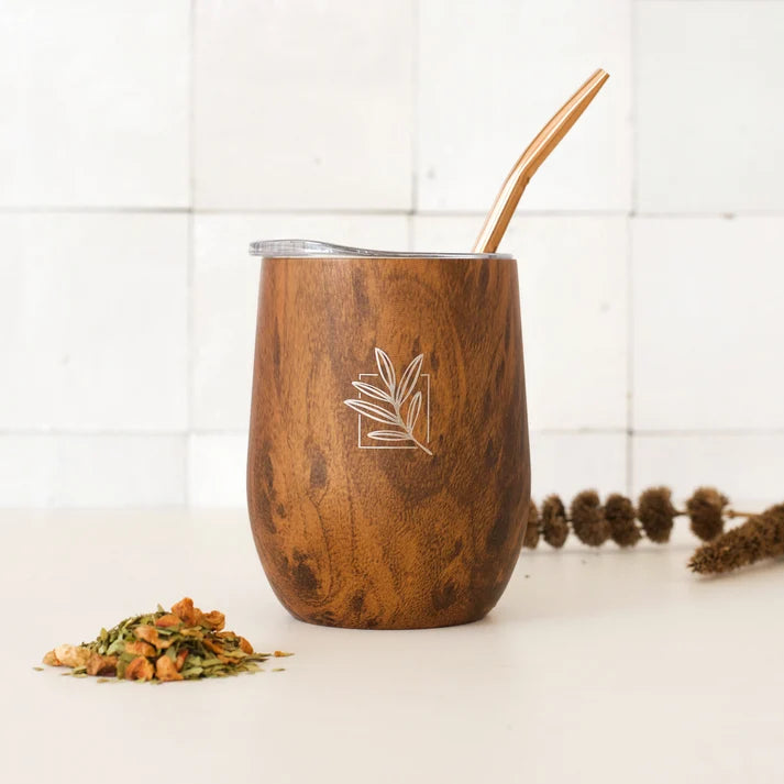 Wood‑Effect Insulated Cup with Bombilla – Stylish Thermal Mate Cup for Tea & Coffee