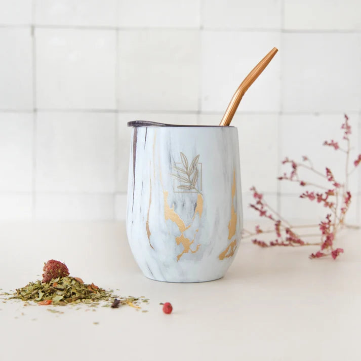 Marble Gold‑Effect Insulated Cup with Bombilla – Luxury Thermal Mate Cup for Tea & Coffee