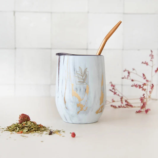 Marble Gold‑Effect Insulated Cup with Bombilla – Luxury Thermal Mate Cup for Tea & Coffee - 