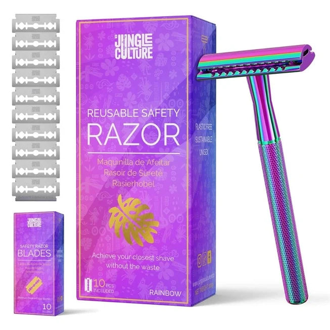 Rainbow Reusable Metal Safety Razors - Includes 10x Razor Blades