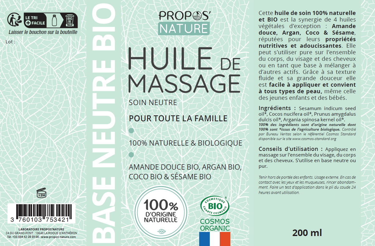 Organic Neutral Massage Oil – 200ml - 