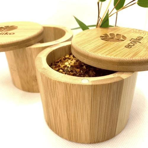 Bamboo Salt & Spice Pot • Natural Kitchen Storage with Swivel Lid