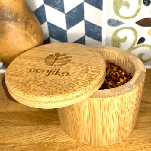 Bamboo Salt & Spice Pot • Natural Kitchen Storage with Swivel Lid