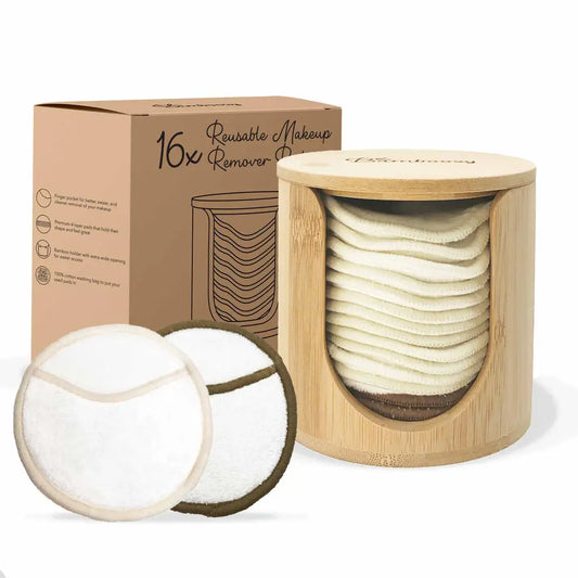 16x Reusable Cotton Pads (4‑Layer) + Bamboo Holder – Premium Washable Makeup Removal Set